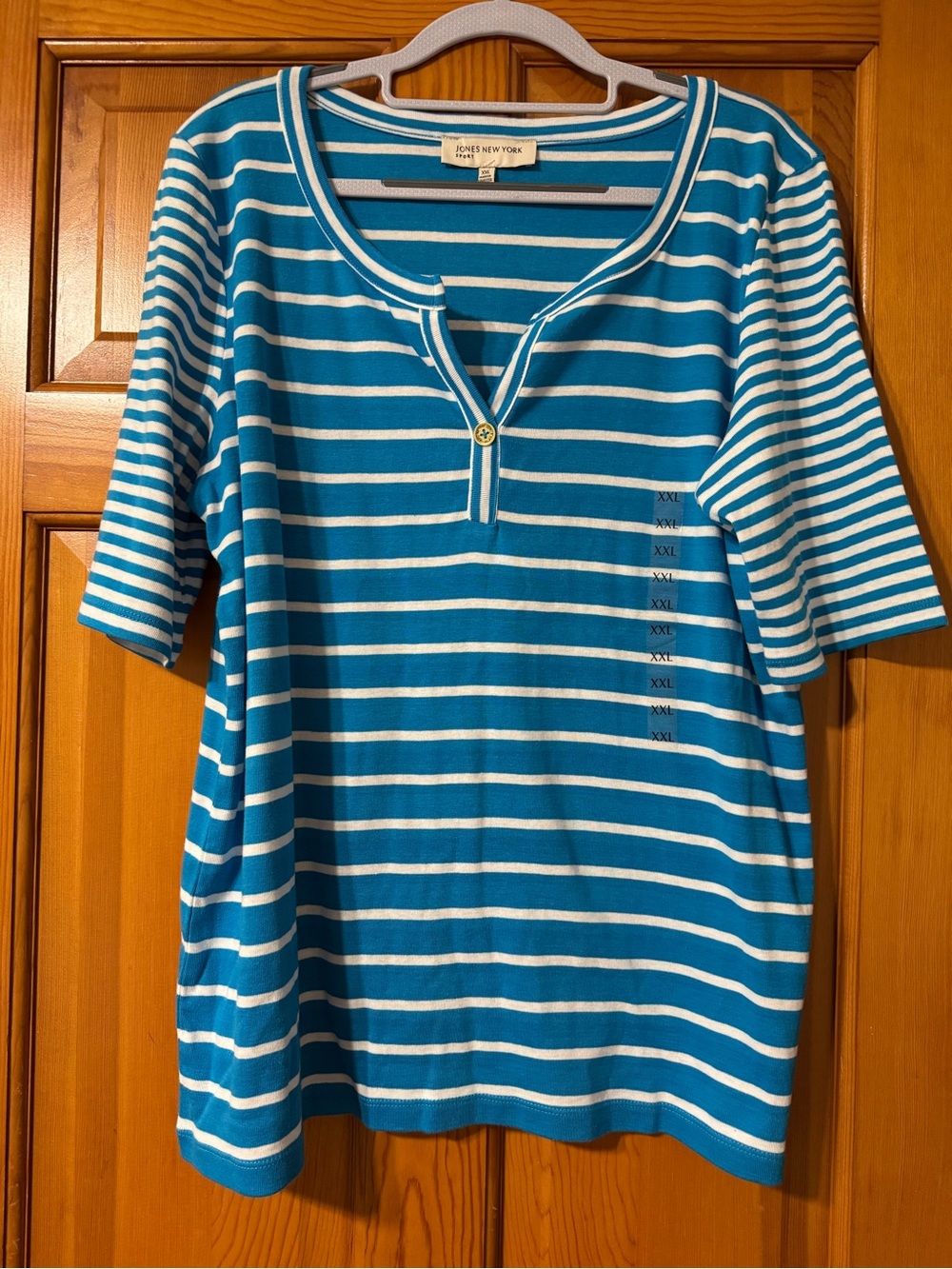 Jones New York Teal and White Striped Scoop Henley